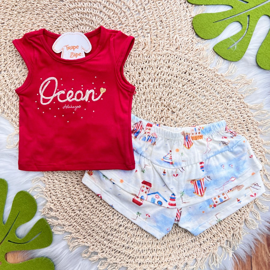 Conj. Regata Ocean e Short Casinhas - Vermelho e Off White